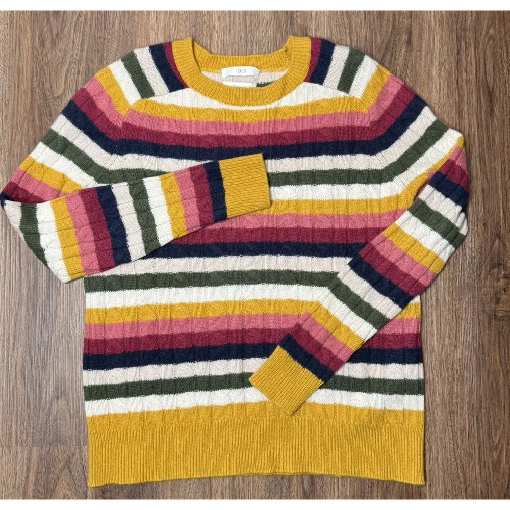 1901 100% Cashmere Cable Knit Striped Multi Color Crew Neck Sweater L Cozy‎
